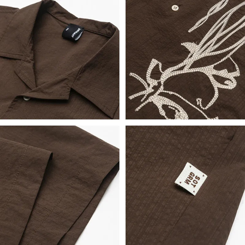Brown striped men's outdoor shirt with Cuban collar and short sleeves