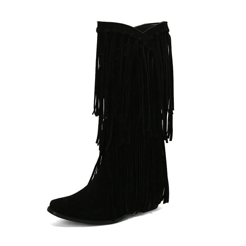 Women's suede high boots with chunky heel and tassel detail in multiple colours