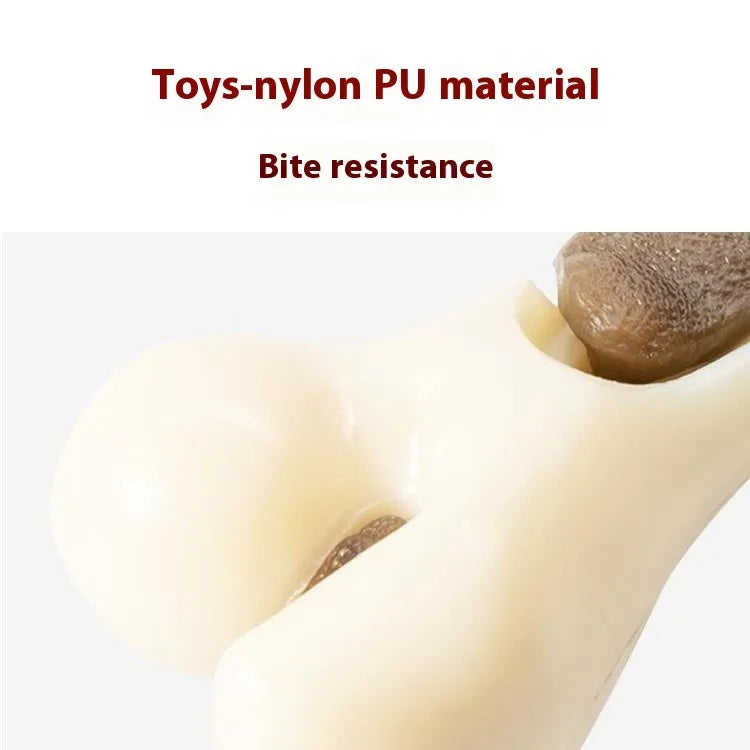 Cowhide and nylon bone grinding rod dog chew toy shown in two colour-coded sizes.