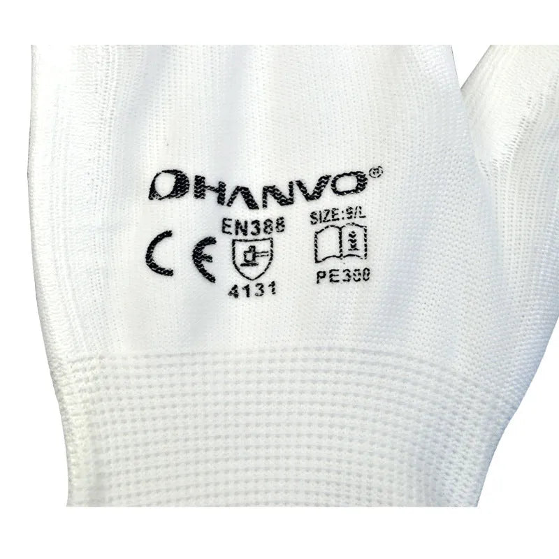 White PU coated work gloves showing 24 cm length with flexible construction