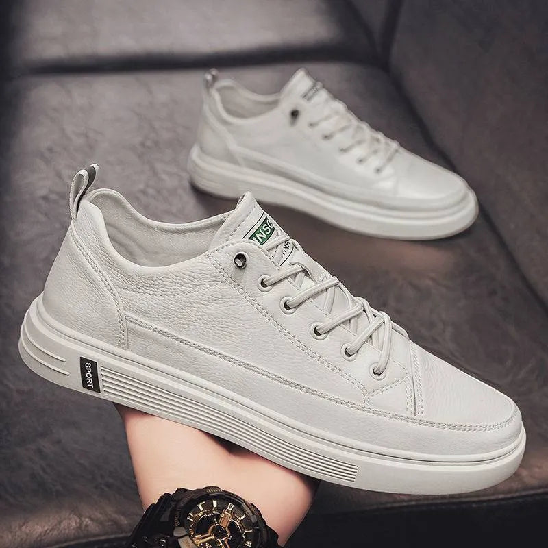 Men's white casual shoes with PU upper, round toe, flat sole, and shallow opening