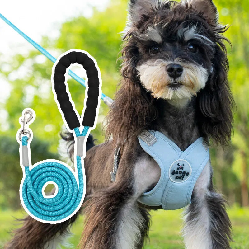 Adjustable polyester pet vest harness with hand holding rope in blue, green, pink or yellow colours
