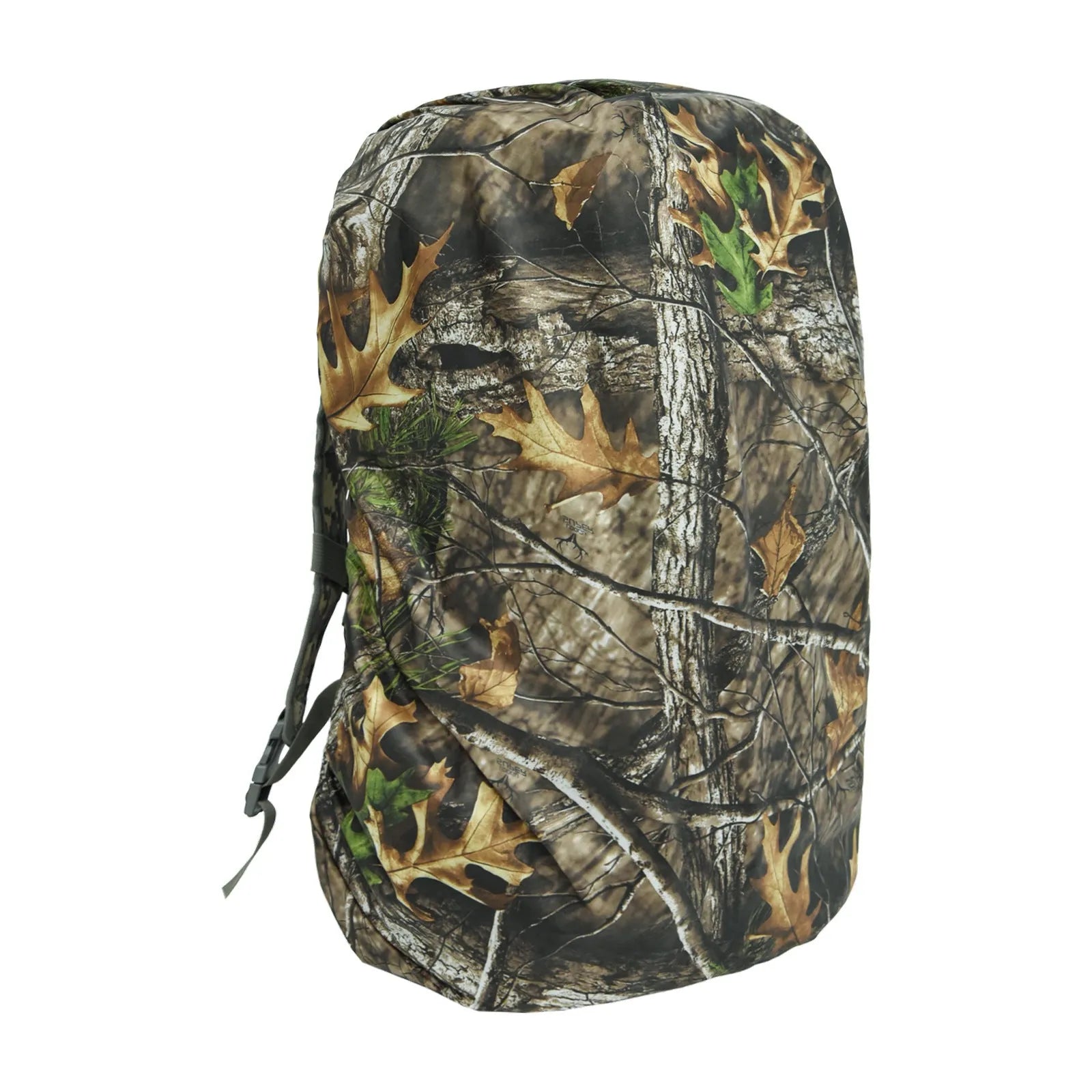 Army green waterproof rain cover fitted over a large 80-litre hiking backpack outdoors.