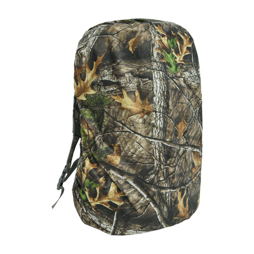 Army green waterproof rain cover fitted over a large 80-litre hiking backpack outdoors.