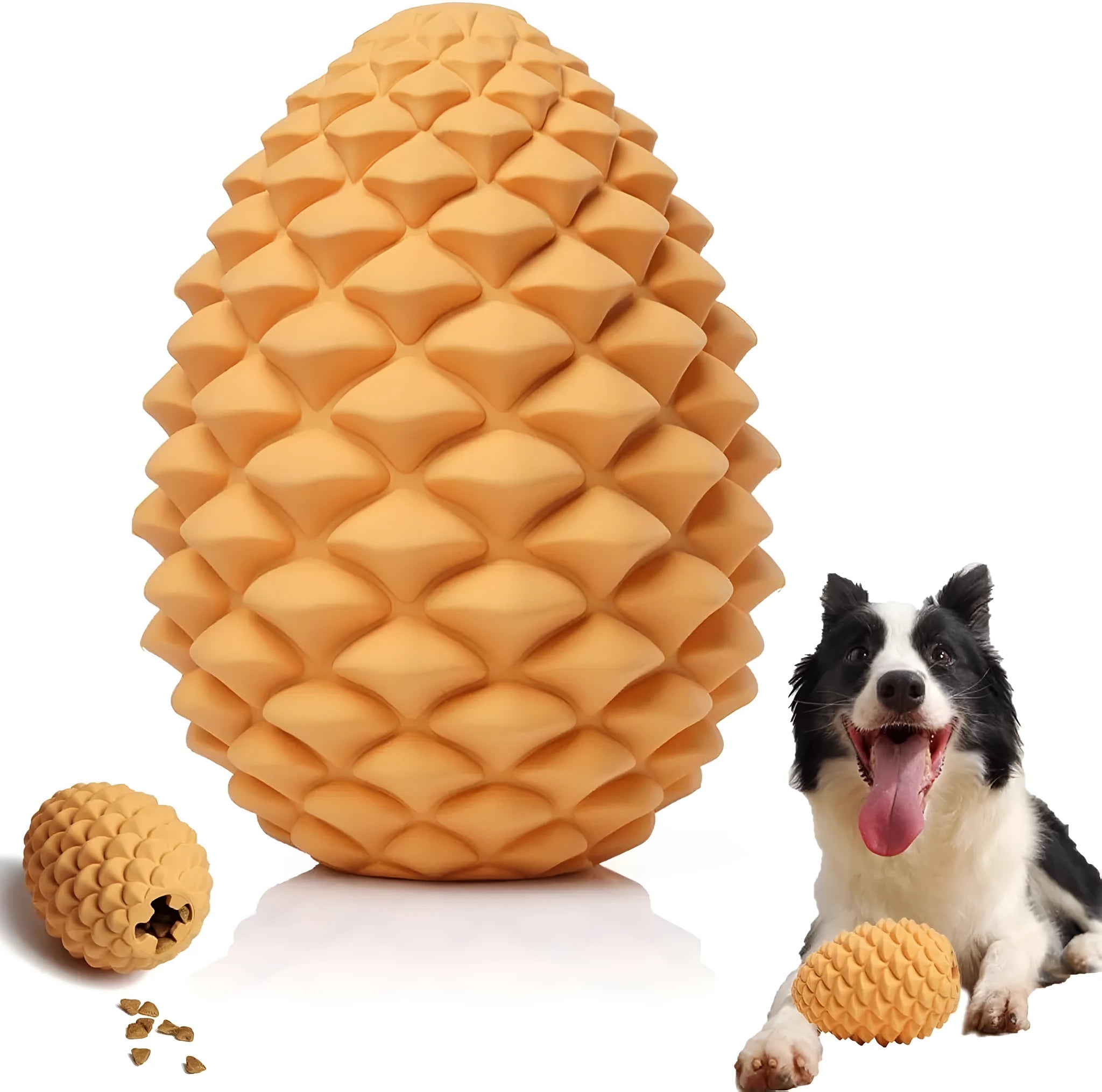 Yellow pine cone shaped natural rubber dog chew toy with treat dispenser for medium large dogs
