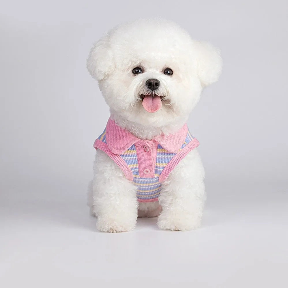 Pink purple dog autumn vest shown with seven size options from XXS to XXL for pets 1.50kg to 14.00kg