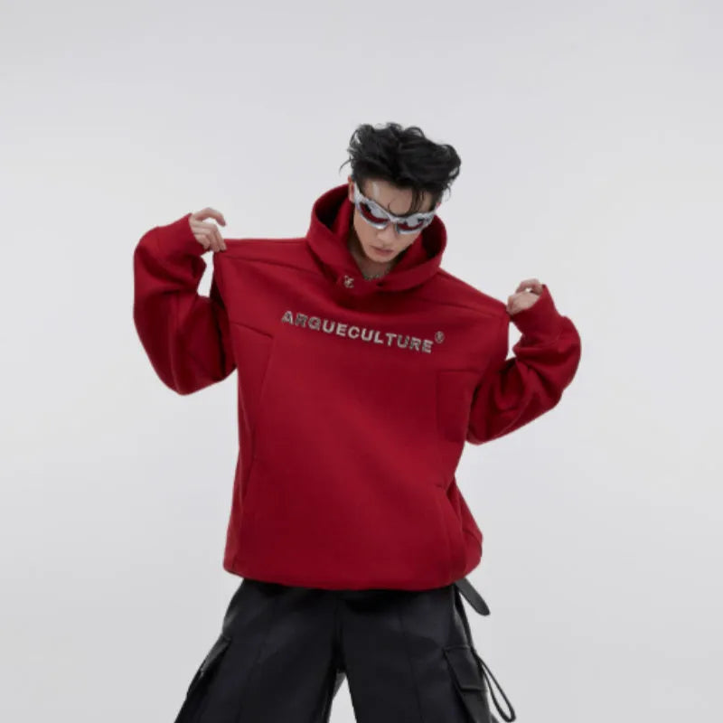 Men's loose hooded sweater with heavy shoulder pads and three-dimensional metal printing in red, black, or grey