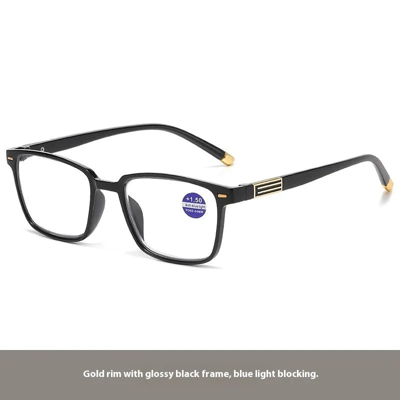 Multifocal reading glasses with photochromic blue light filtering lenses in various frame styles