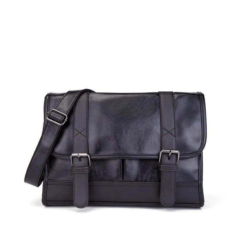 Black Korean-style men's commuter backpack with anti-theft feature and sewing thread detailing.