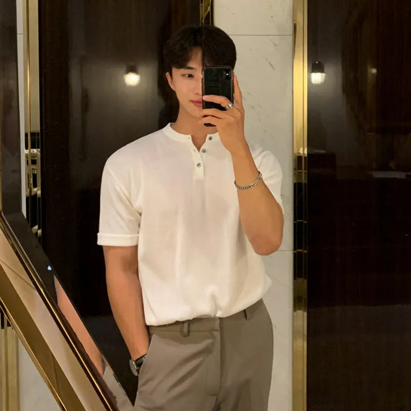 Men's slim-fit ice silk knitted short-sleeved shirt in black, khaki, or white colours