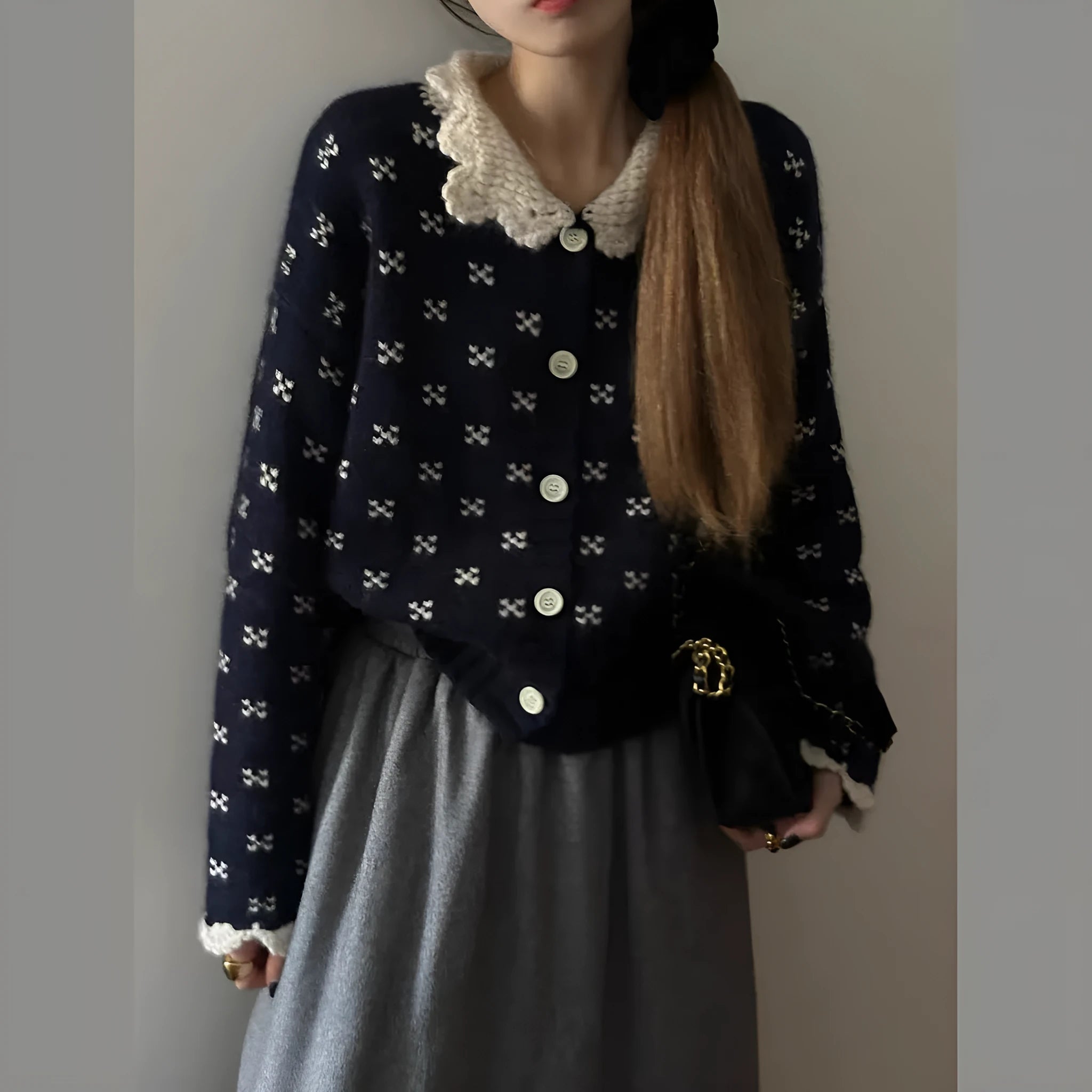 Retro Peter Pan collar floral pattern knitted cardigan coat in navy blue, apricot, grey.