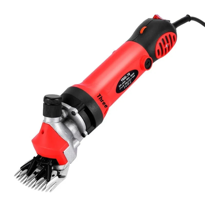 Yellow electric wool shearing machine with 110V plug and complete accessory kit including multiple comb sets