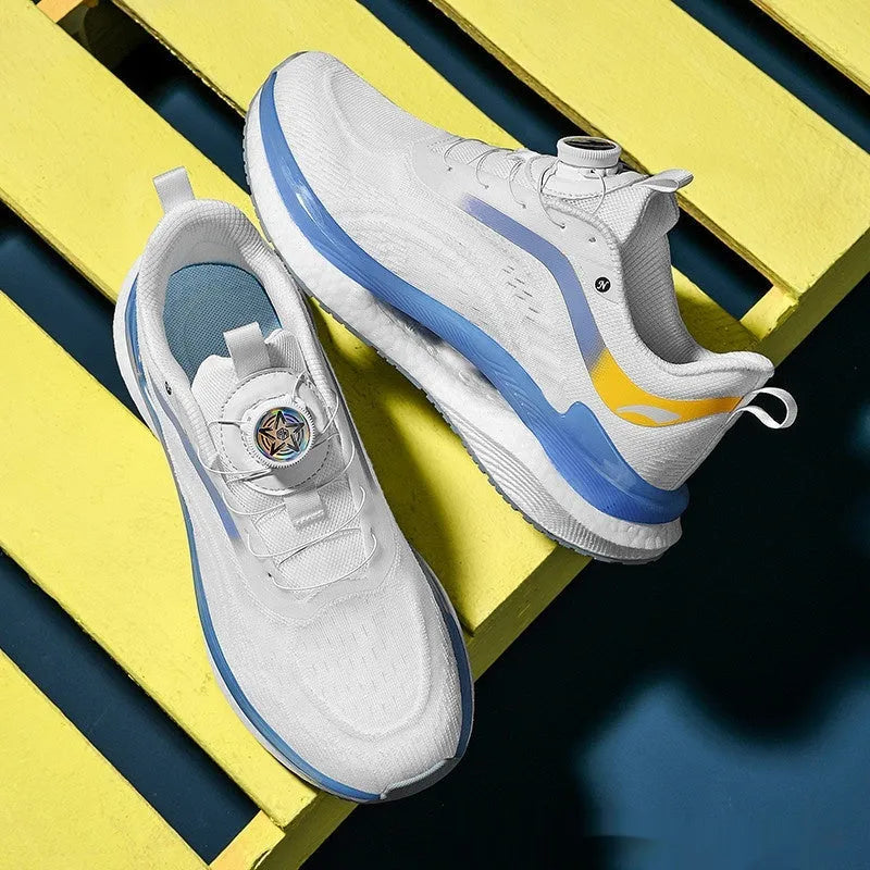 Men's high-top mesh running shoes in cotton candy colour with composite sole and lace-up closure