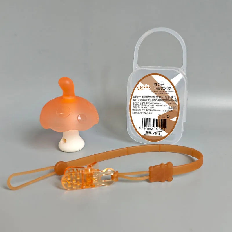 Small mushroom-shaped latex chewing gum with a transparent chain and storage box.