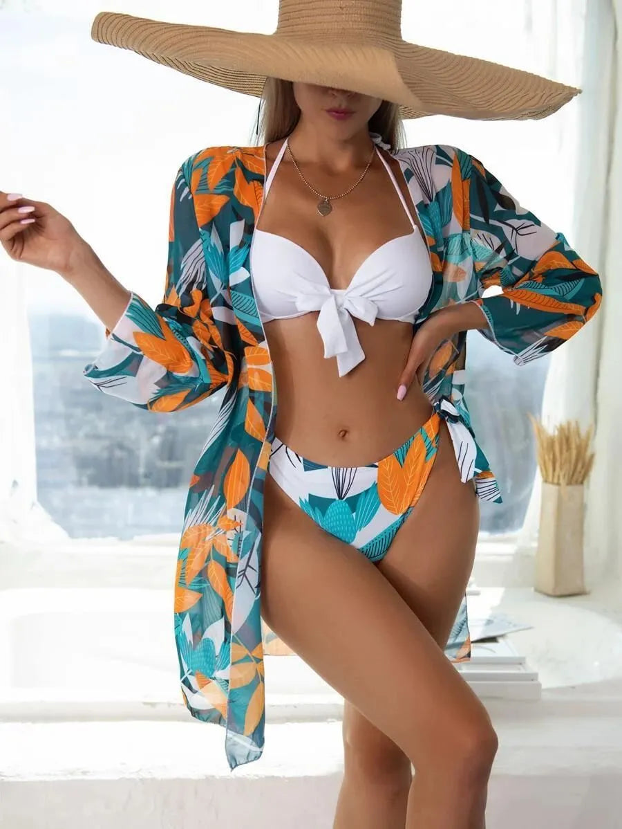 Women's three-piece bikini swimsuit with mesh split panel design in quick-drying polyester fabric