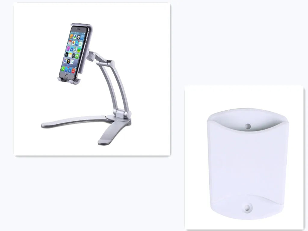 Silver aluminium alloy desktop tablet stand holding a tablet at an adjustable angle with a white mounting base.