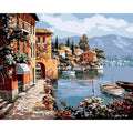 Rimless linen oil painting with lakeside landscape scenery in 40x50cm size for wall decoration