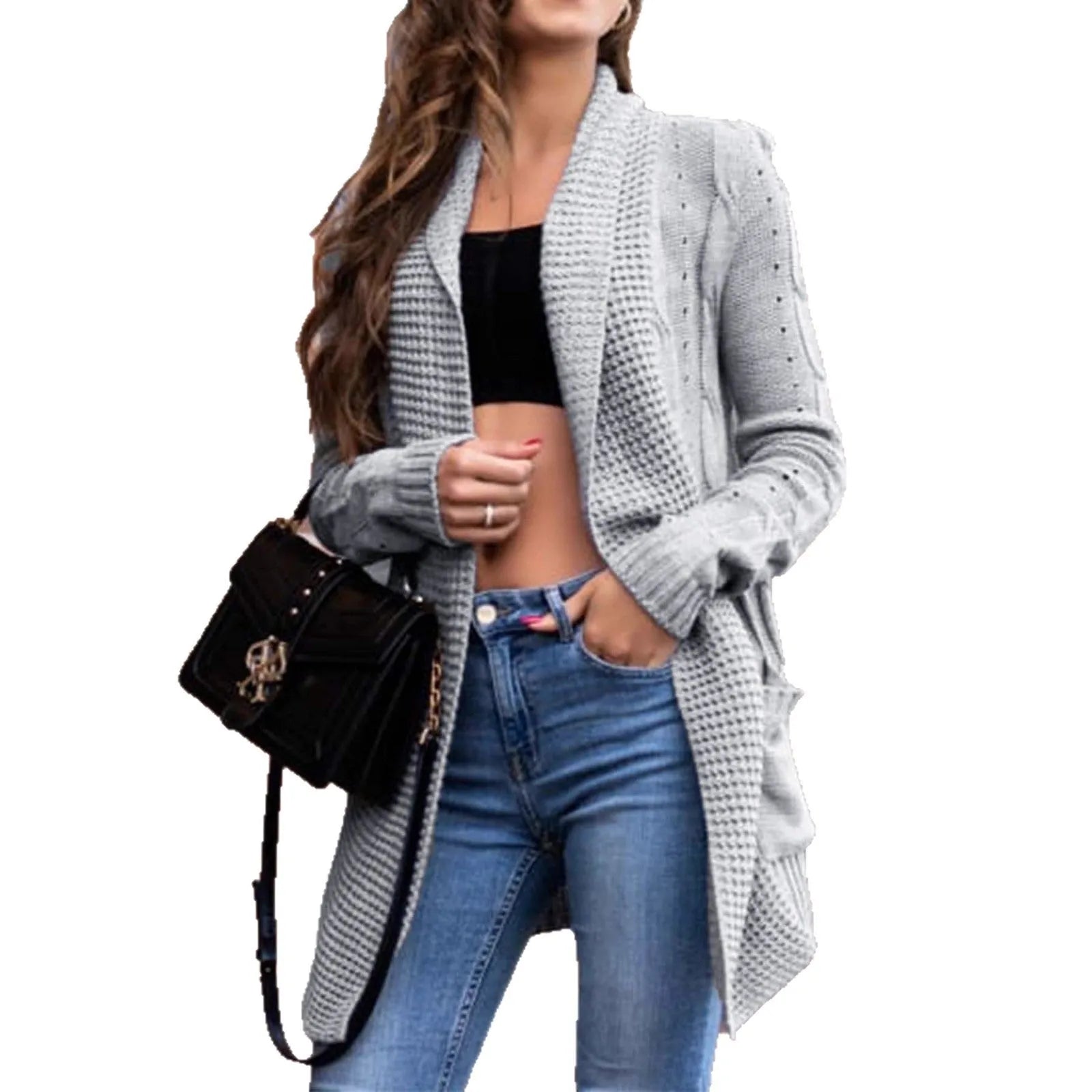 Grey women's loose cardigan coat with patch pockets and long sleeves