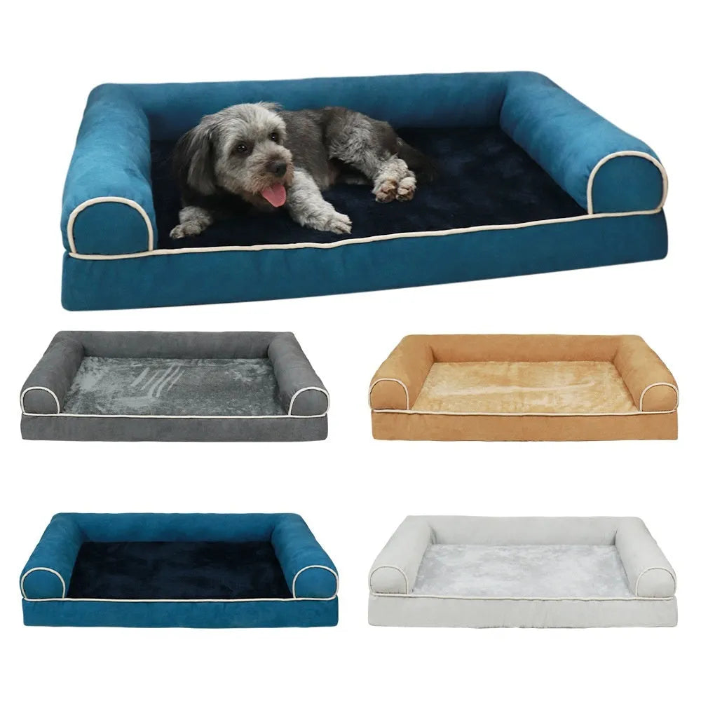 Square sponge dog bed for pets available in dark grey, light grey, khaki, blue, and beige colours.