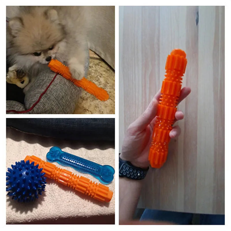 Green and orange rubber dog chew toy with hollow centre for treat dispensing