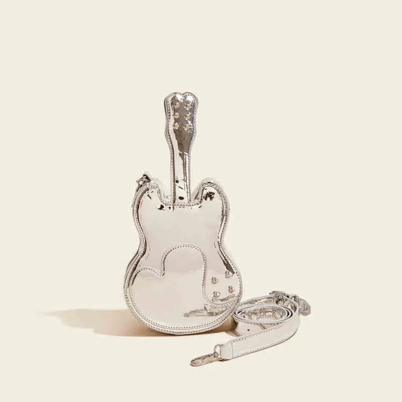 Guitar creative arts design crossbody shoulder bag in five colour options showing front and side views