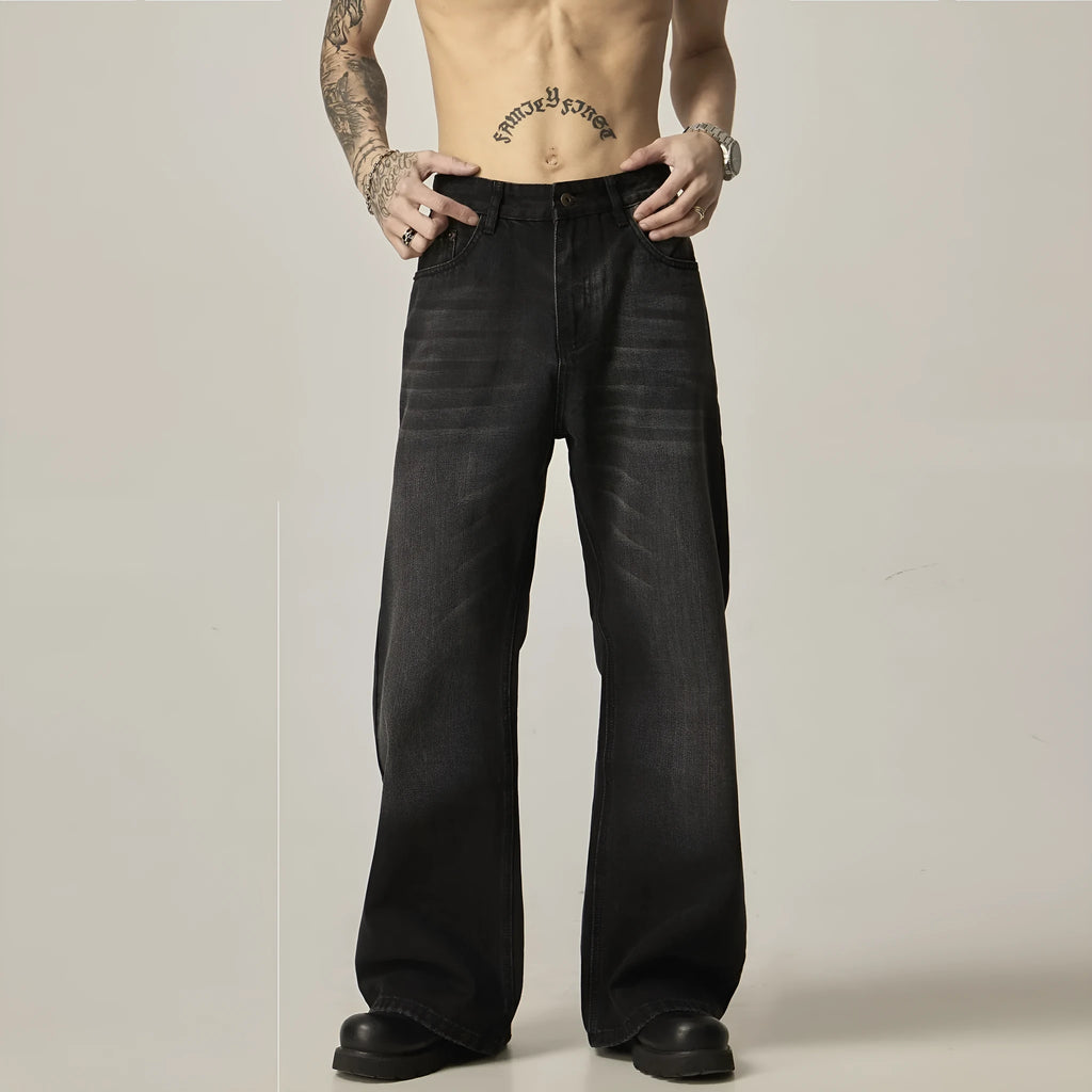 Black retro straight-leg jeans with zip fly opening and loose fit on size chart