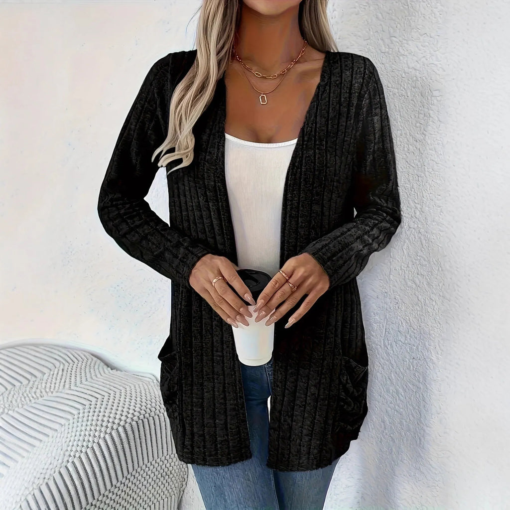 Solid color long sleeve cardigan knitwear with pockets in Grandma Grey or Black polyester blend loose fit