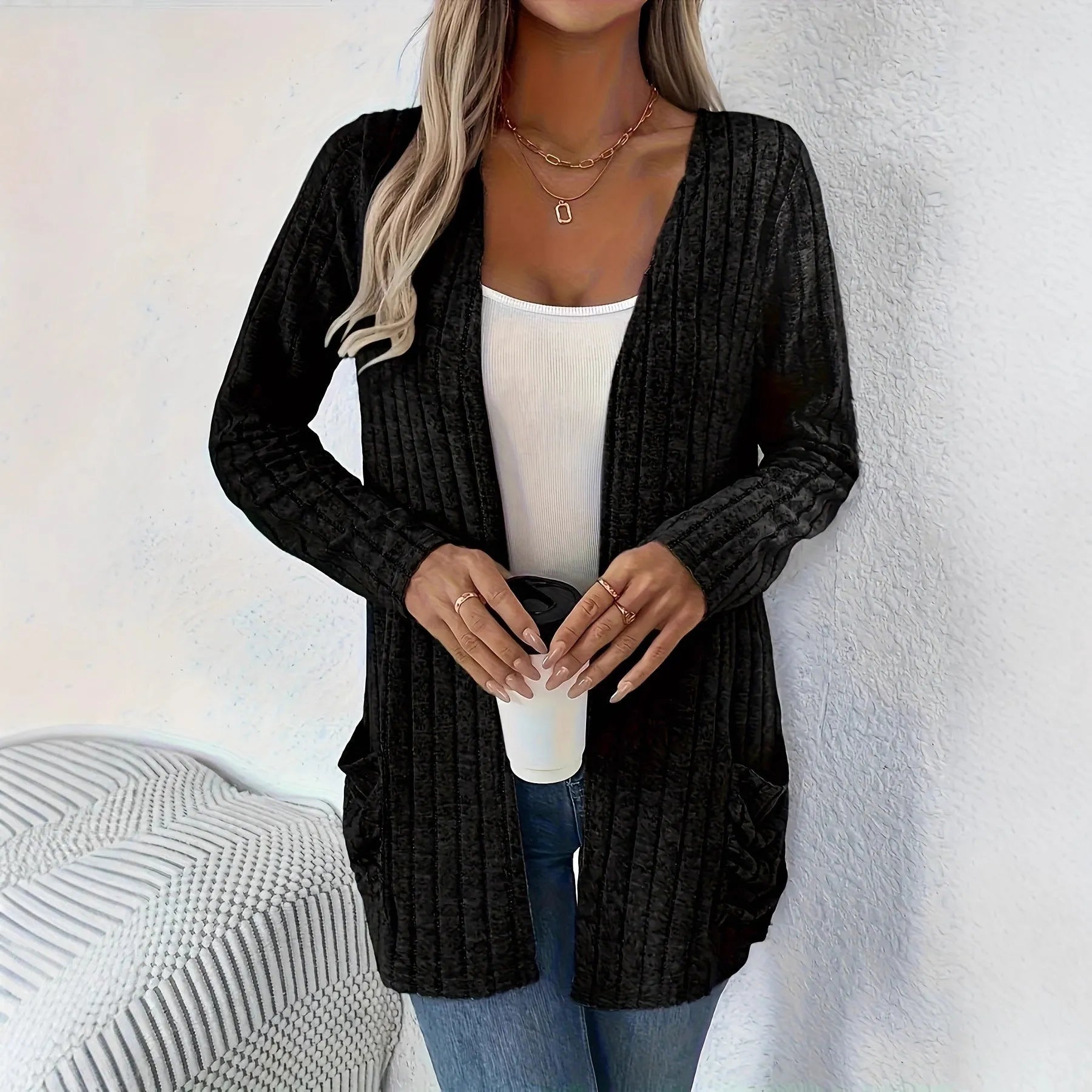 Solid color long sleeve cardigan knitwear with pockets in Grandma Grey or Black polyester blend loose fit