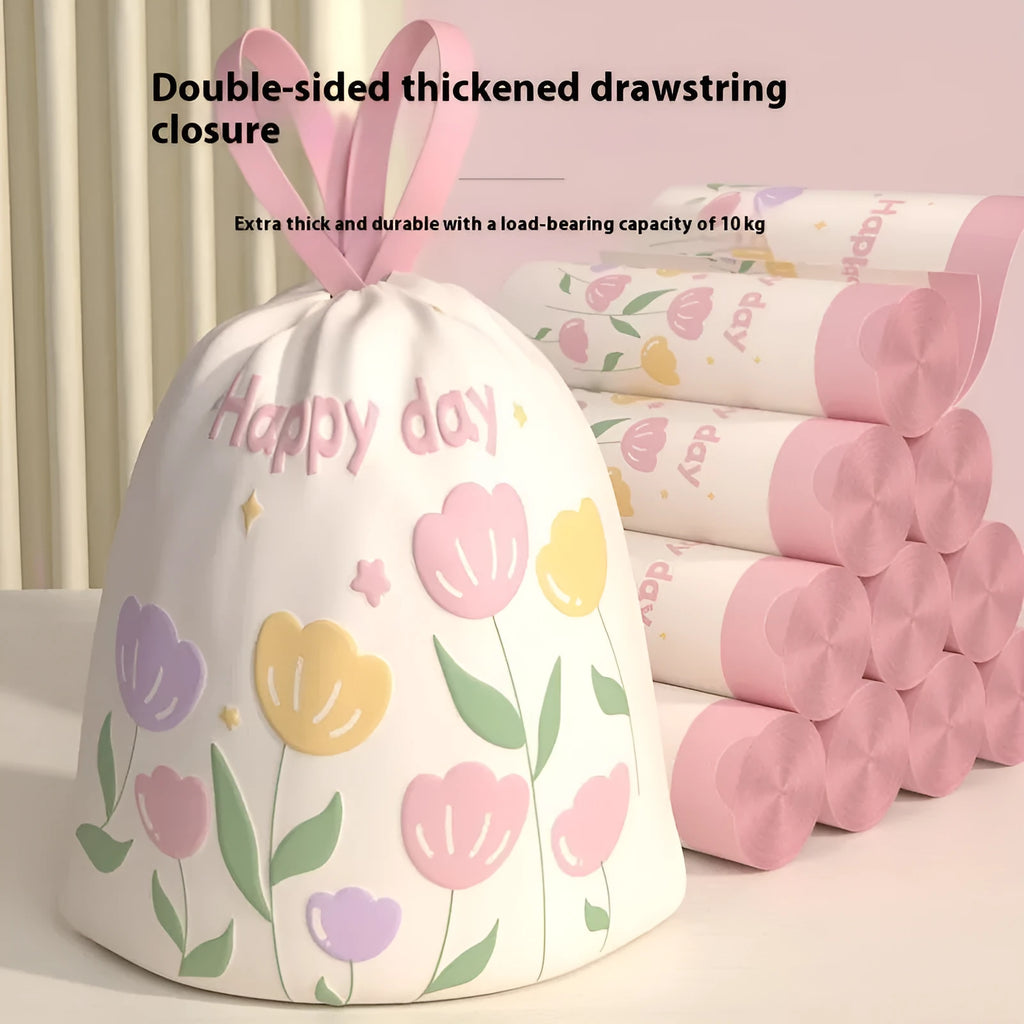 Pink degradable argy wormwood mosquito-repellent garbage bags with drawstring closure