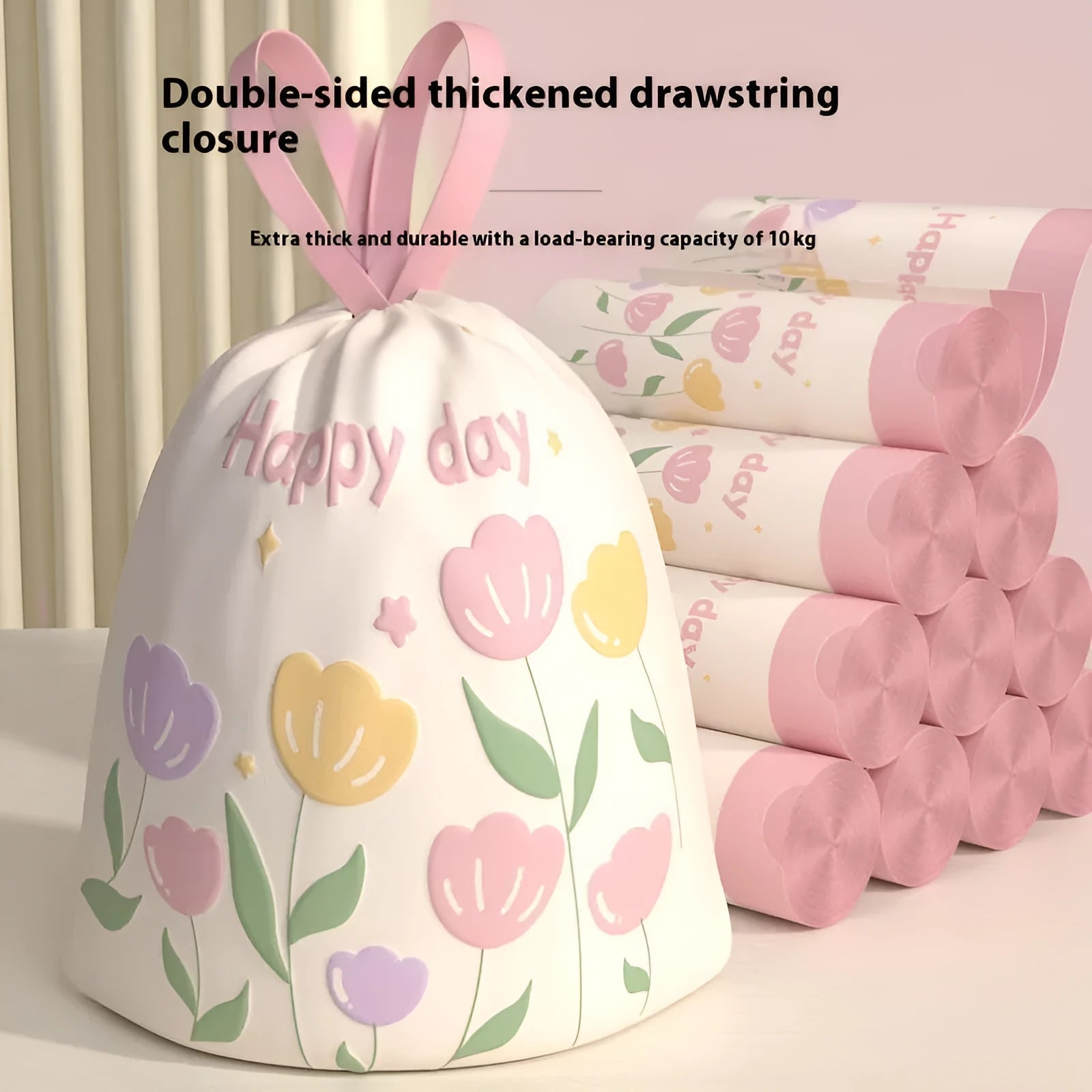 Pink degradable argy wormwood mosquito-repellent garbage bags with drawstring closure