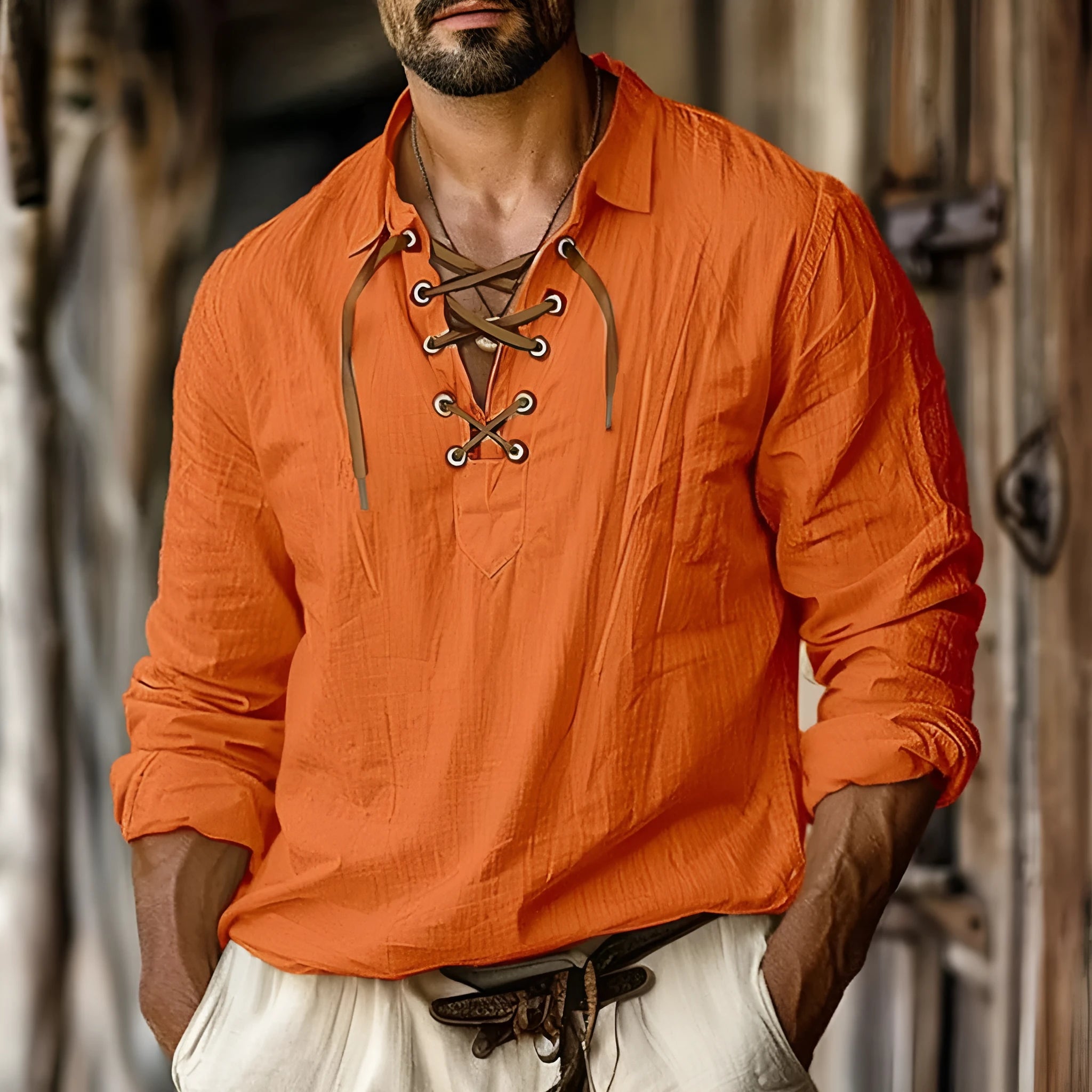 Men's plus size loose fit linen shirt with lapels and long sleeves in a solid colour.