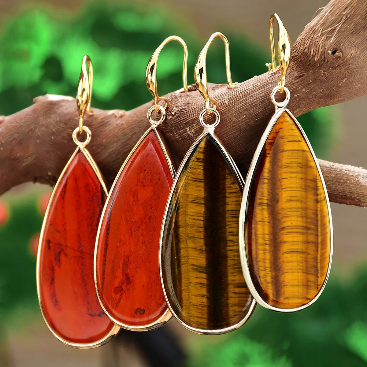 Vintage handmade stone drop earrings in tigereye colour with textured surface