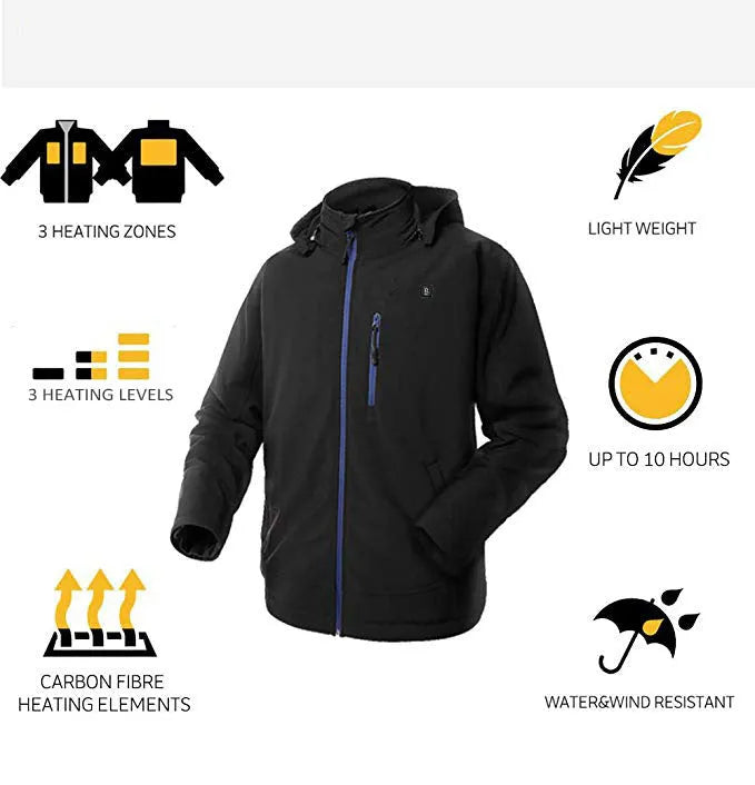 Black men's USB heated winter coat with long sleeves, straight hem, and zippered pockets.