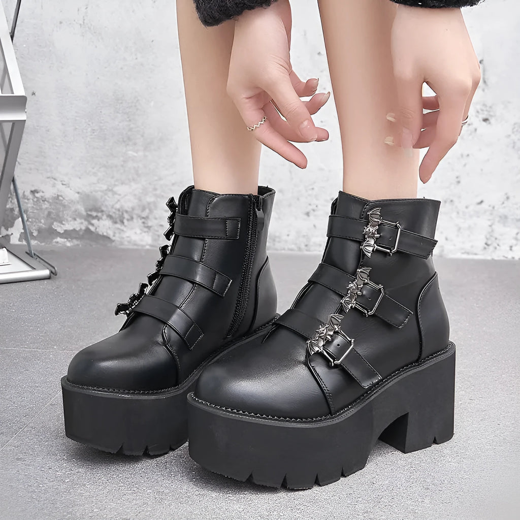 Black women's punk Martin boots with side zipper, bat buckle, and thick platform heel