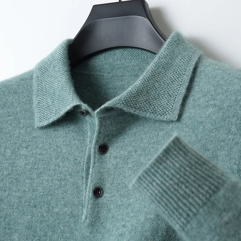 Men's grey wool pullover sweater with a polo collar and long sleeves, showing textured collage stitching.