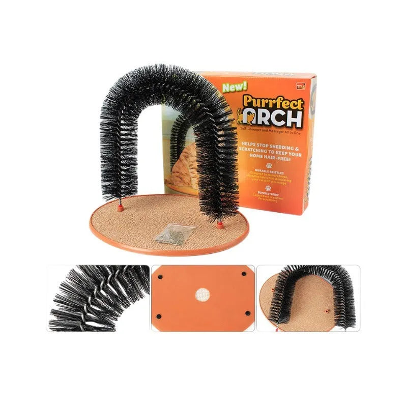 White cat grooming arch with built-in brush bristles for scratching and self-grooming