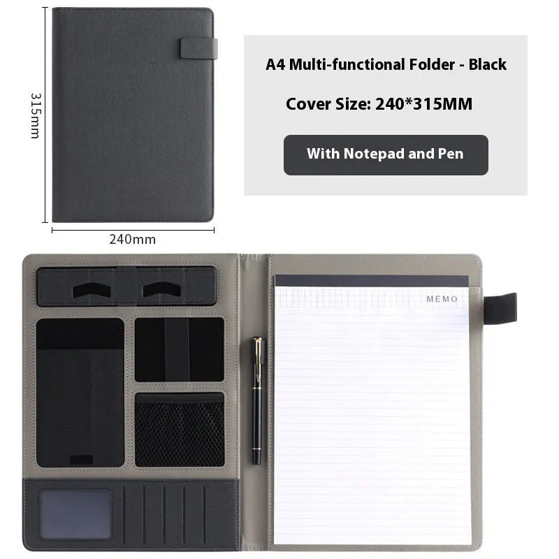 Black leather A4 business folder open to show document sleeve, pen loop, and notepad holder.