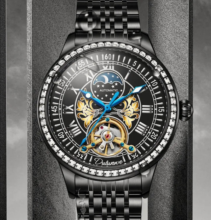 Men's stainless steel mechanical watch with transparent case back showing movement and butterfly buckle