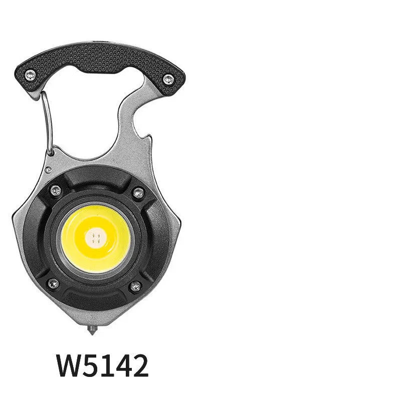 Compact silver and black multifunctional keychain flashlight with keyring, display screen, window breaker, and screwdriver.