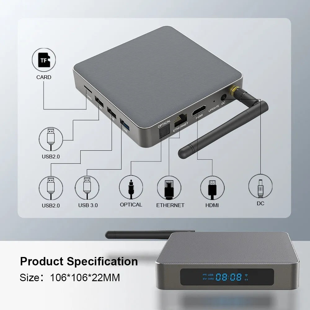 Black square Android 8K set-top box with RK3566 processor and remote control