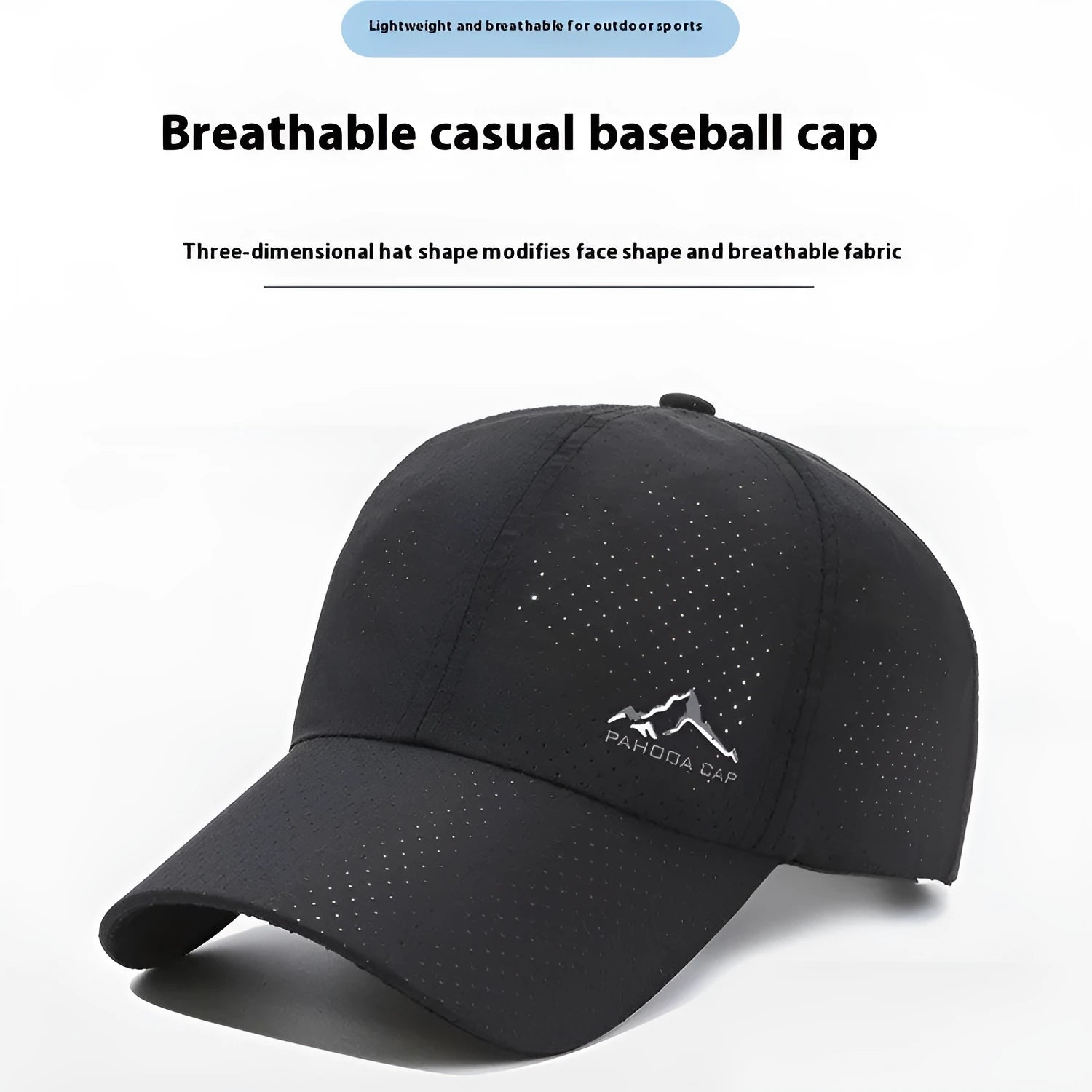 Adjustable baseball cap in polyester fabric on a solid colour background, showing dome crown and strap.
