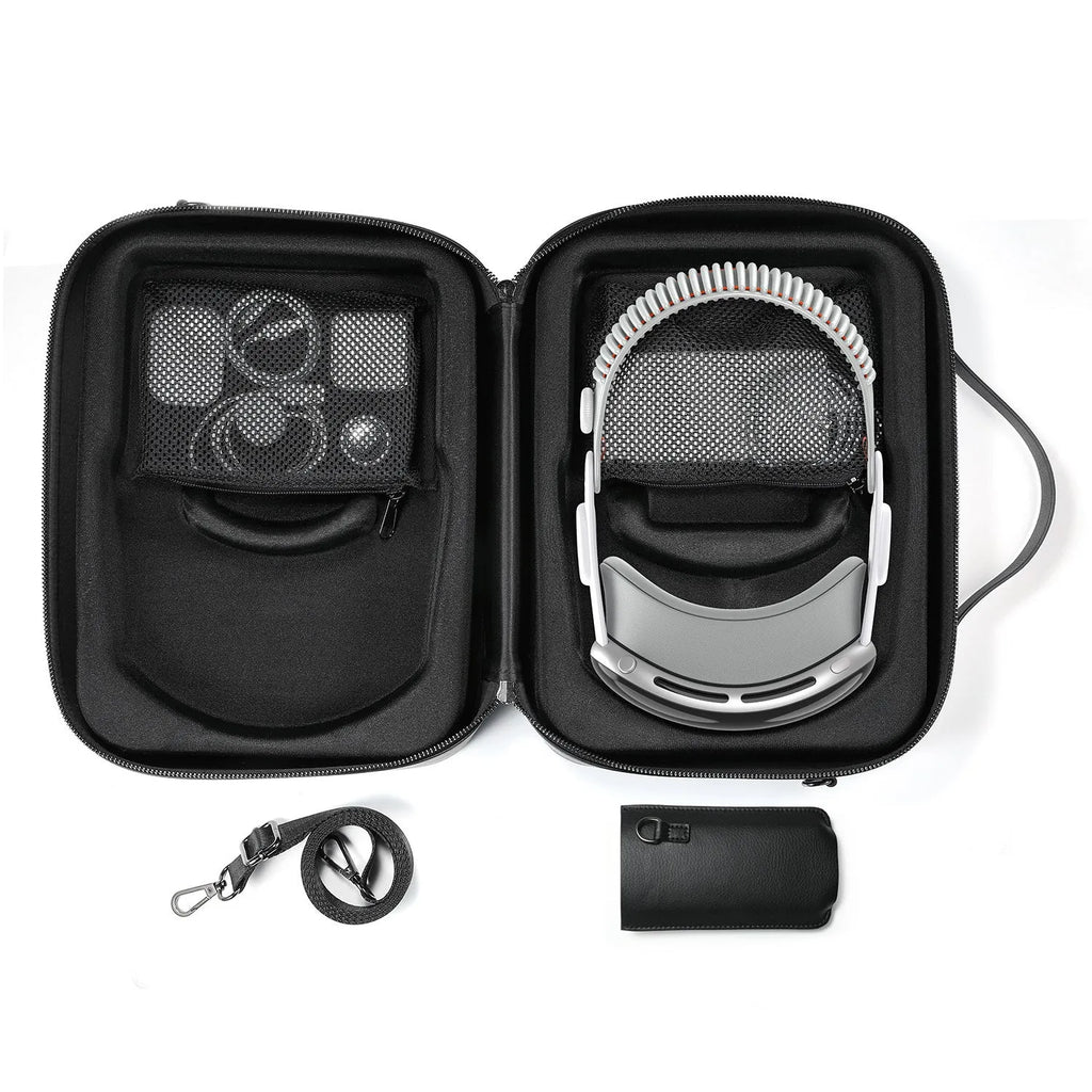 Black superfiber MR glasses storage box for Apple Vision Pro, shown with included storage bag.