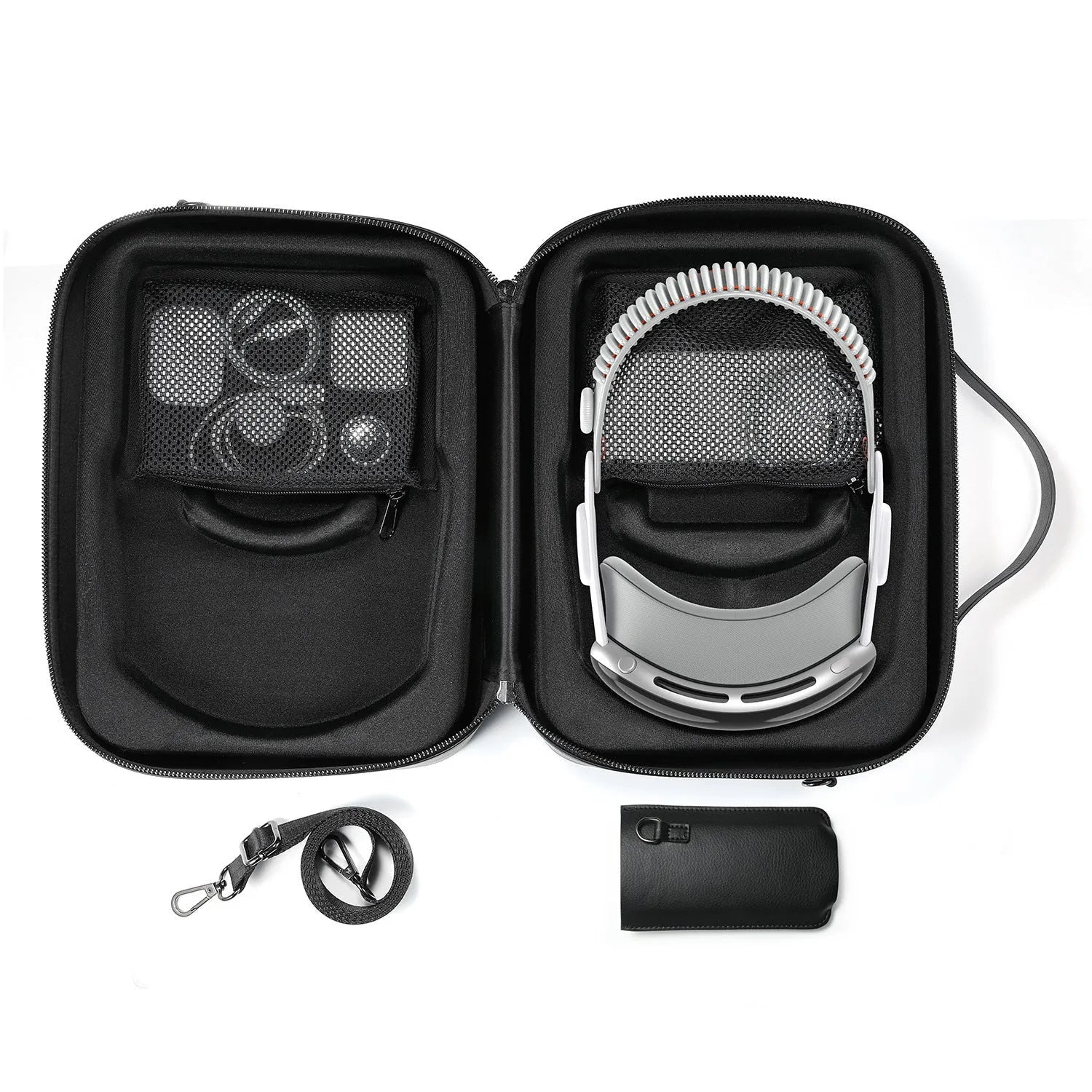 Black superfiber MR glasses storage box for Apple Vision Pro, shown with included storage bag.