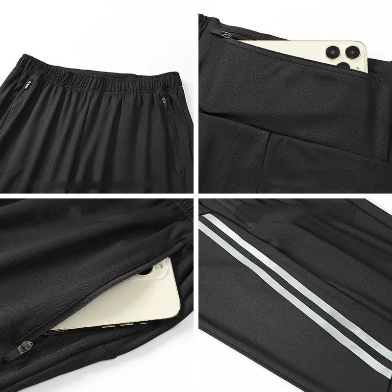 Men's black polyester running trousers with mid waist and full-length sport styling