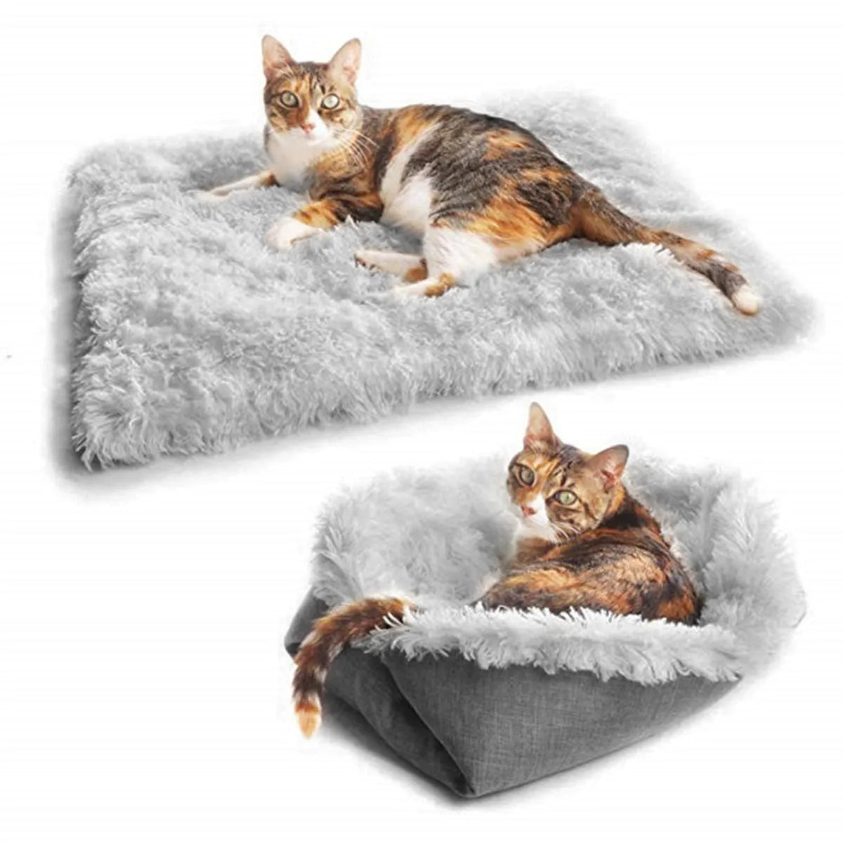 Foldable pet bed mat in plush and imitation linen with multiple colour options