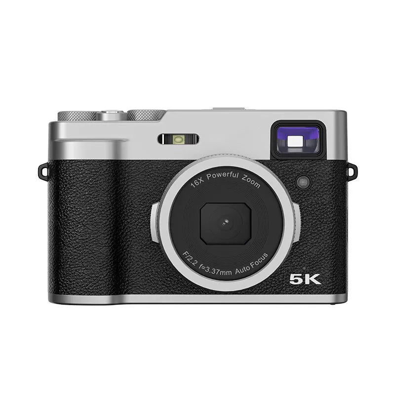 Black and brown 5K HD digital camera with front and rear lenses, optical viewfinder, and a 2.88-inch screen.