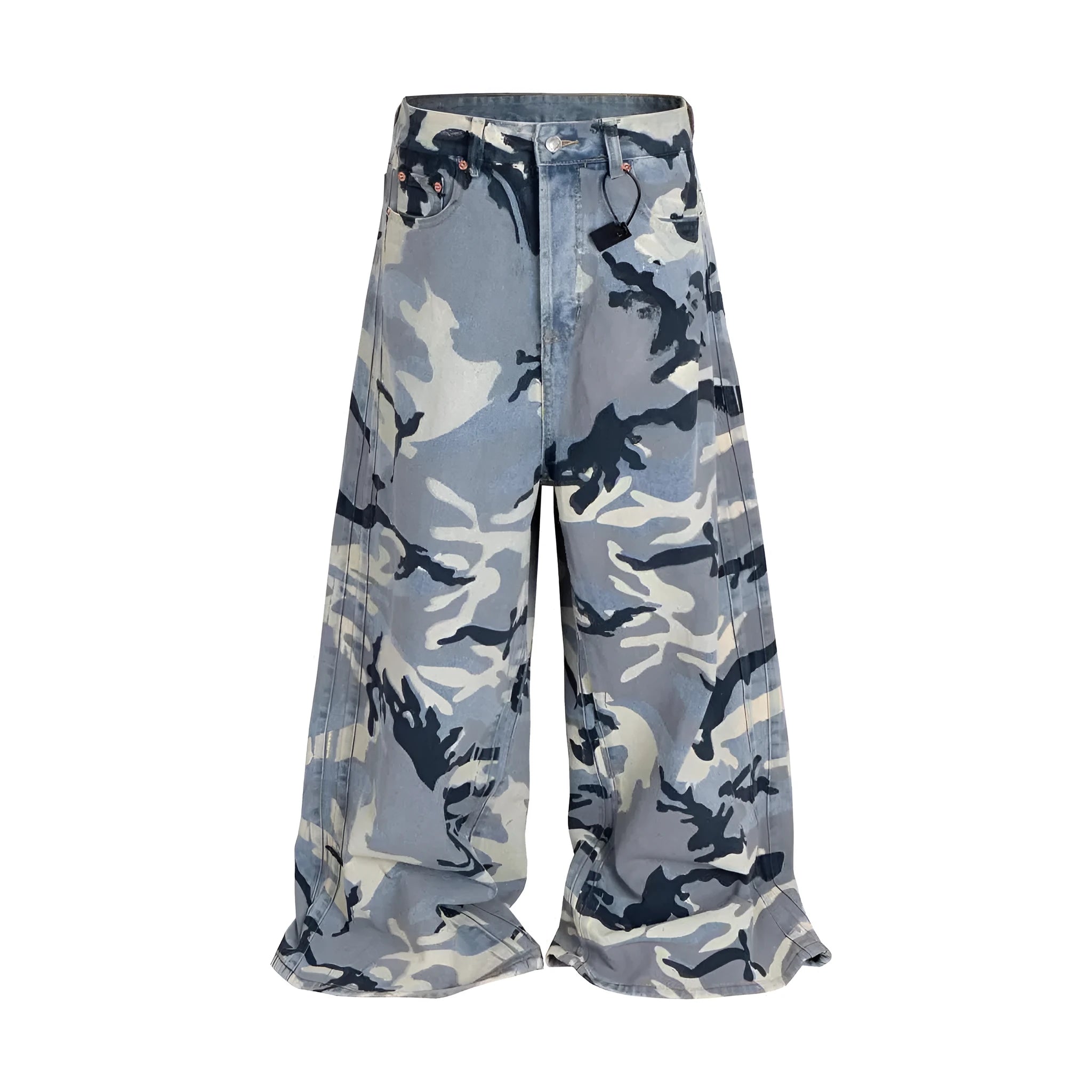 Snow camouflage pattern on blue loose-fit denim jeans with a mid waist.