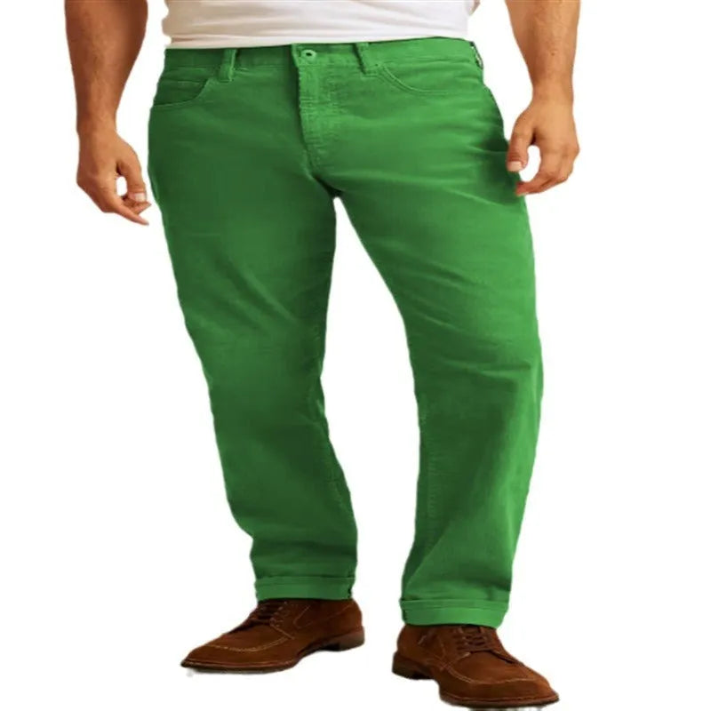 Corduroy loose casual straight leg trousers in solid colour with mid-waist design and zip fly