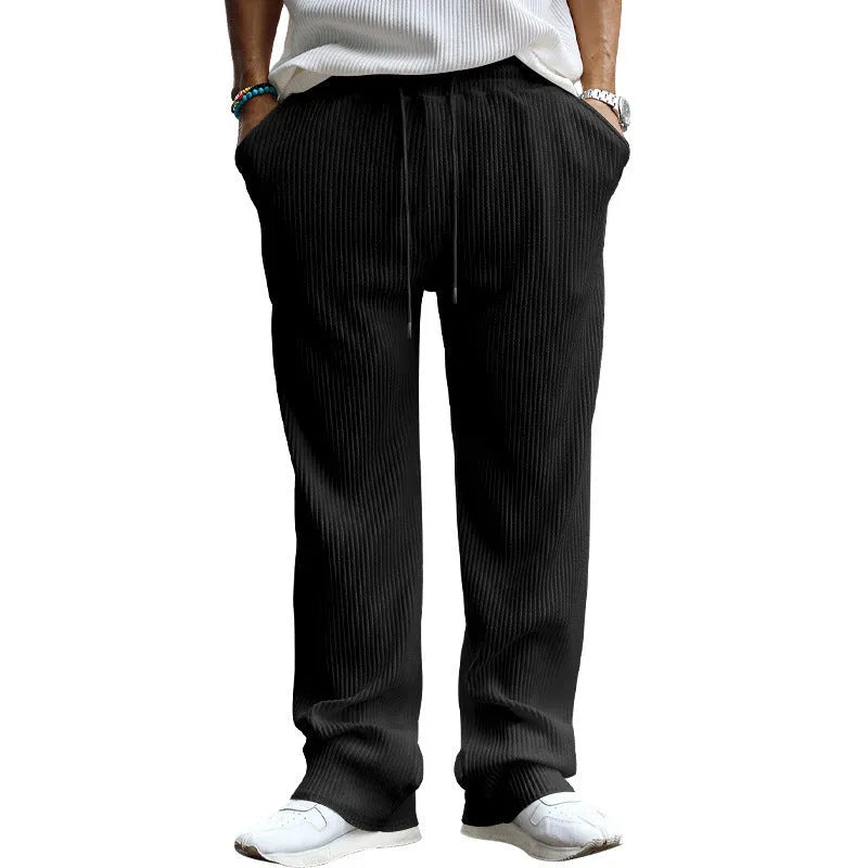 Men's casual loose straight trousers in army green with high waist and striped pattern