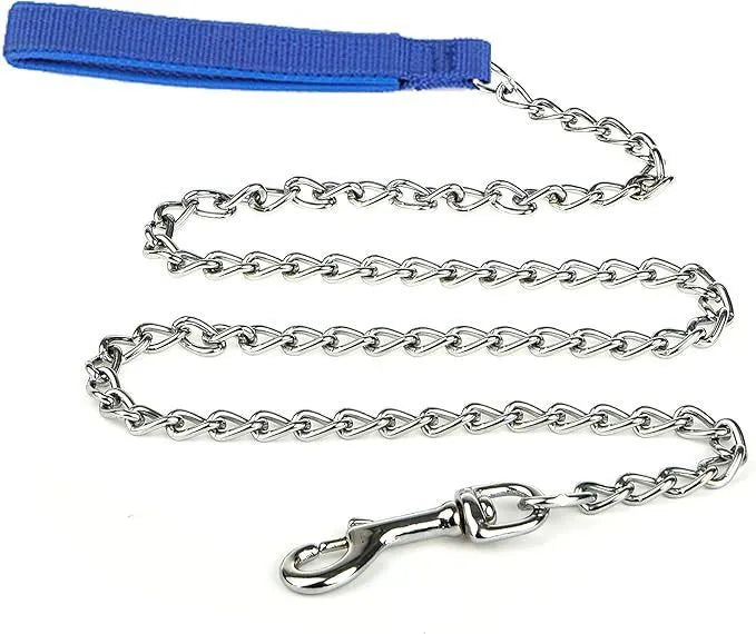 Heavy duty chrome metal dog leash chain with a black soft padded handle.